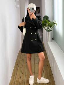 Vestido corto camisero dama mujer día noche elegante sexy cierre botones cuello doble solapa manga larga bajo amplio primavera verano fiesta evento cumpleaños vacaciones festival cena - Negro - Ver 2