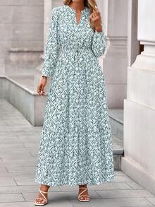 Women Fall Boho Maxi Dress Floral Long Sleeve V Neck Button Pockets Flowy Long Dress Autumn Winter Holiday Vacation Wedding Dresses Outfits - 白綠花 - 查看 3