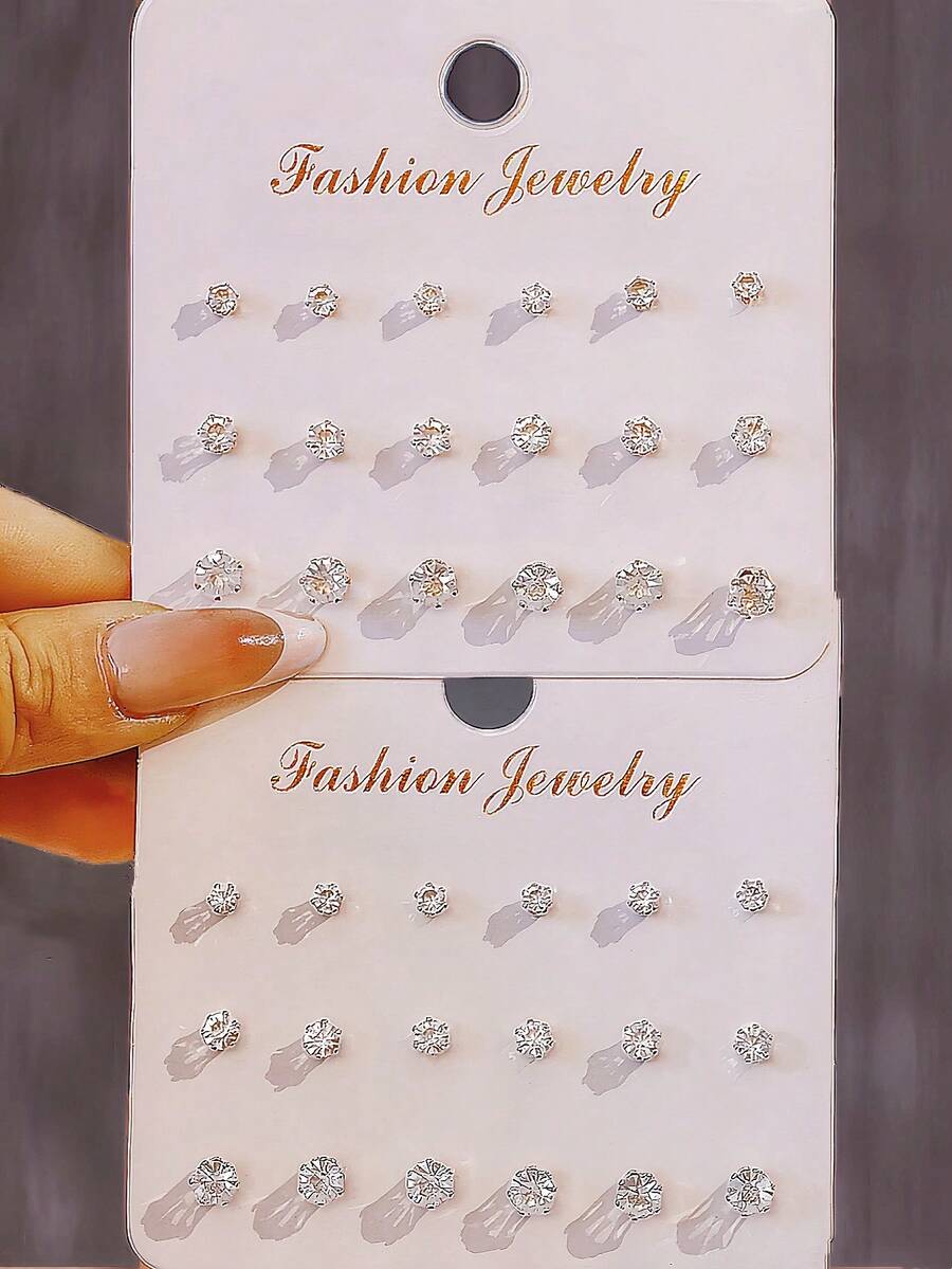 9pcs/18pcs Set Classic Glass Crystal Stud Earrings, Minimalist & Fashionable Earring Combo - Imitation Claws - View 1