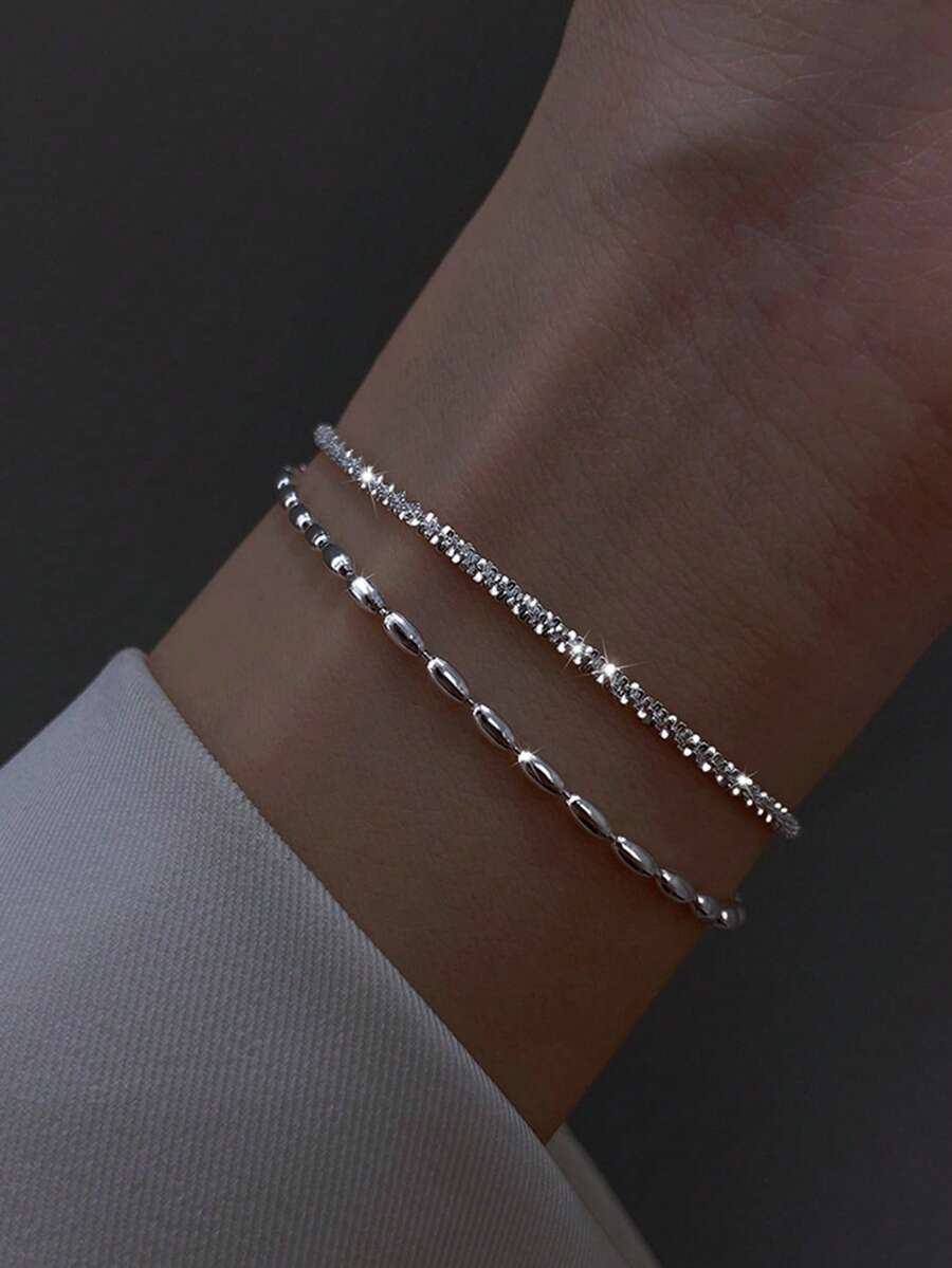1 Vòng tay hai lớp nhẹ họa tiết hạt gạo gợn sóng bạc Sterling 925 tinh tế dành cho nữ, trang sức cao cấp, quà tặng dự tiệc, quà tặng sinh nhật, đeo hàng ngày - Vòng tay hai lớp lấp lánh hạt gạo - Xem 1