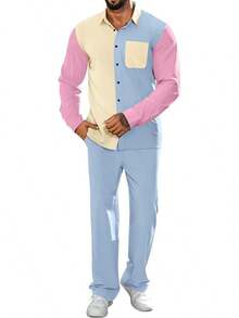 Mens 2 Piece Color Block Outfits Casual Long Sleeve Color Block Shirts And Pants Matching Set Sweatsuit-2025 - Blue - View 1