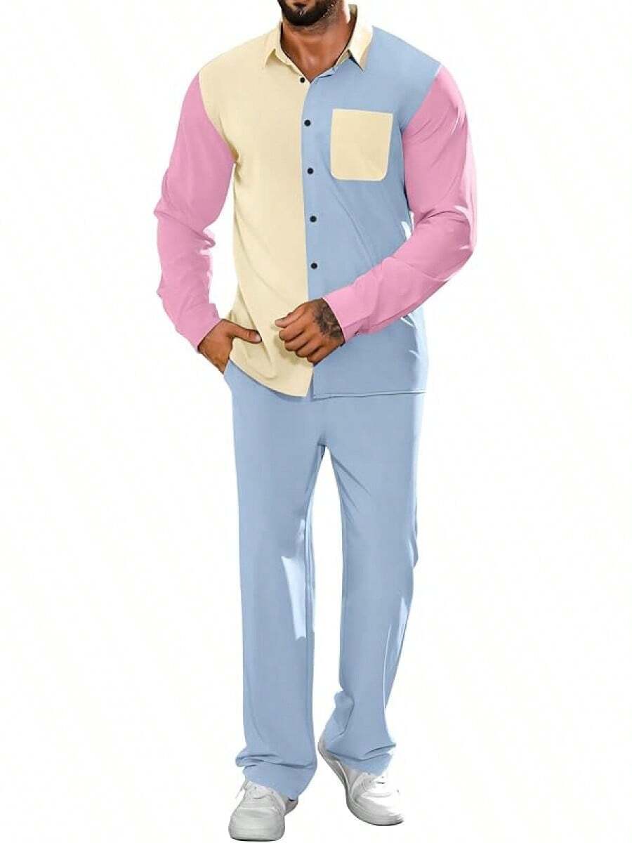 Mens 2 Piece Color Block Outfits Casual Long Sleeve Color Block Shirts And Pants Matching Set Sweatsuit-2025 - Blue - View 1
