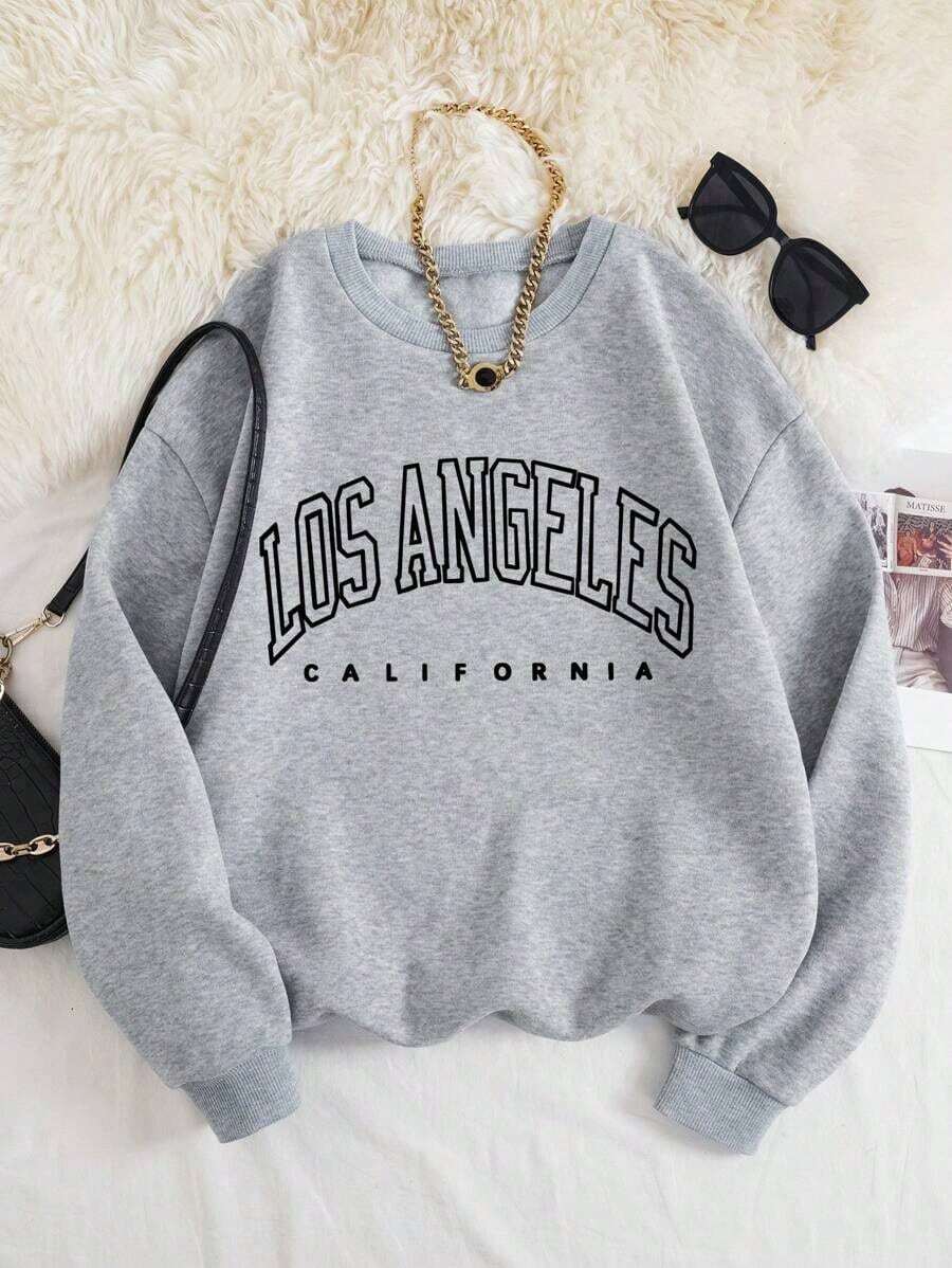 Casual Women's Grey Los Angeles California Print Round Neck Long Sleeve Regular Pullover Sweatshirt - xám đen - Xem 1