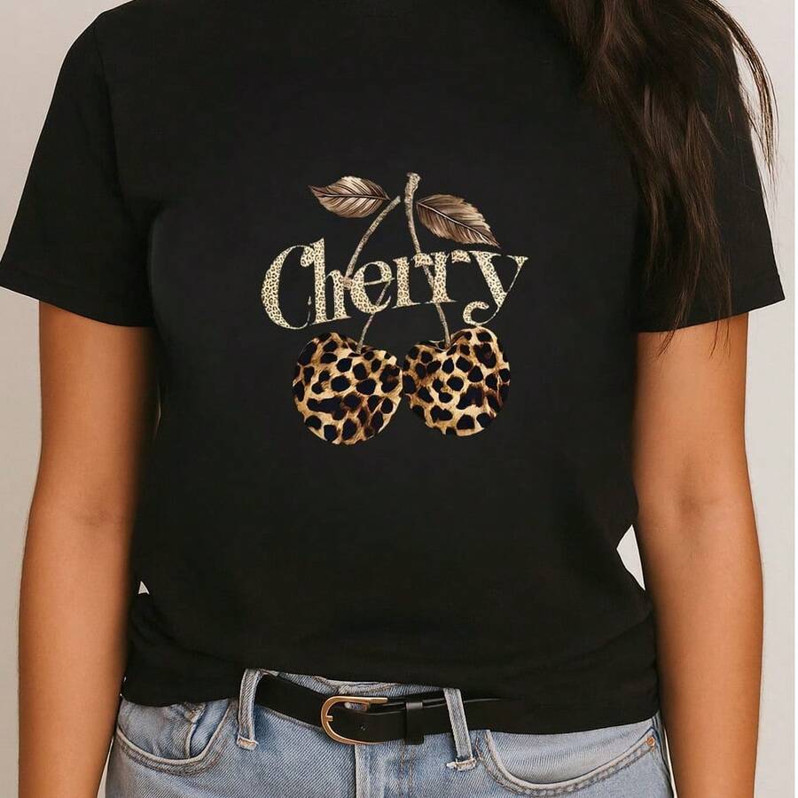 Playera estampado grafico cherry atigrado juvenil suave otoño verano agradable - Negro - Ver 1