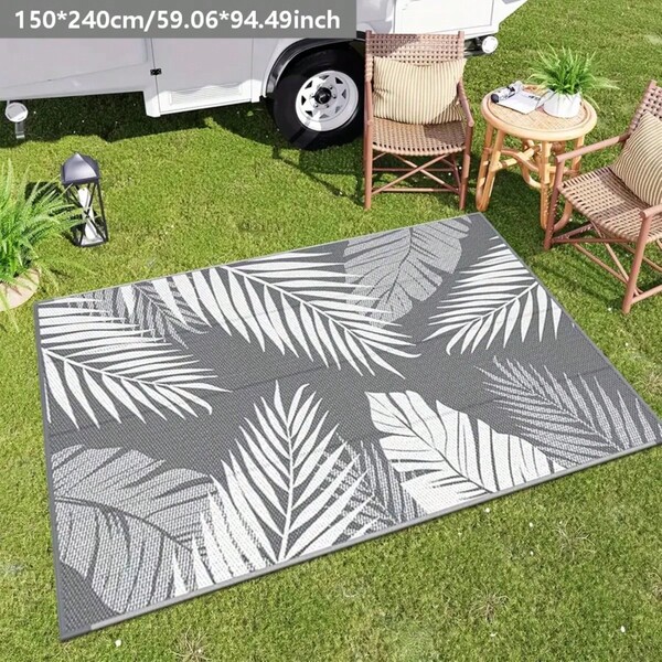 1pc Outdoor Rug, Waterproof, Stain-Resistant, Portable, Easy To Clean, Made Of Polypropylene, Suitable For Camping, RV, Indoor/Outdoor Patio, Large Area Rug For Deck, Backyard, Balcony, Porch, Beach, Gray And White