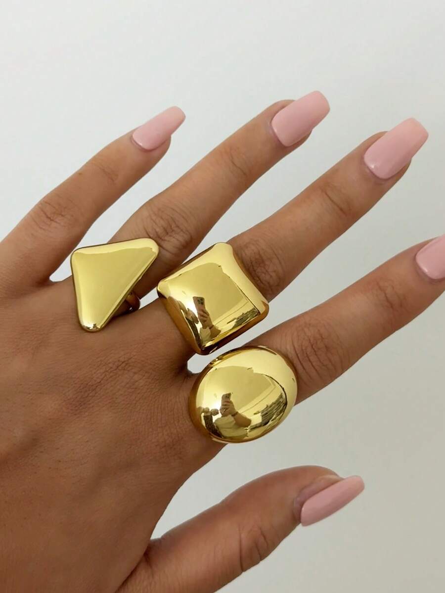 3 piezas/1 pieza Anillo vintage de acero inoxidable chapado en oro de 18K, accesorios de joyería geométrica para mujer, joyería gruesa, adecuada para uso diario