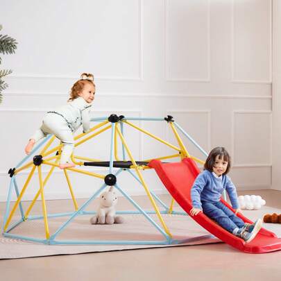 Climbing Dome, 8FT Geometric Dome Climber With Slide, For Kids 3 To 9 Years Old, Jungle Gym Supports 600LBS And Easy Assembly, With Climbing Grip, Outdoor And Indoor Play Equipment For Kids