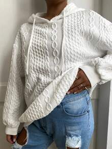 Daily Home Textured Ribbed Knitted Drawstring Hoodie, Casual Long-Sleeved Versatile Sweatshirt Thick Knitted Plain Weave, Women's TOP Fashionable And Elegant - White - View 6