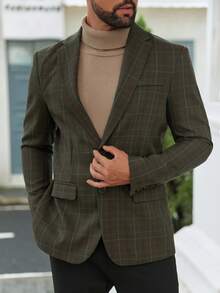 男士格子翻领长袖休闲商务西装外套 - 綠色 - 查看 7