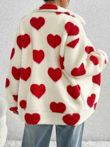 Women's Oversized Heart Print Fluffy Long Sleeve Zip-Up Cardigan, European And American Style, Autumn/Winter