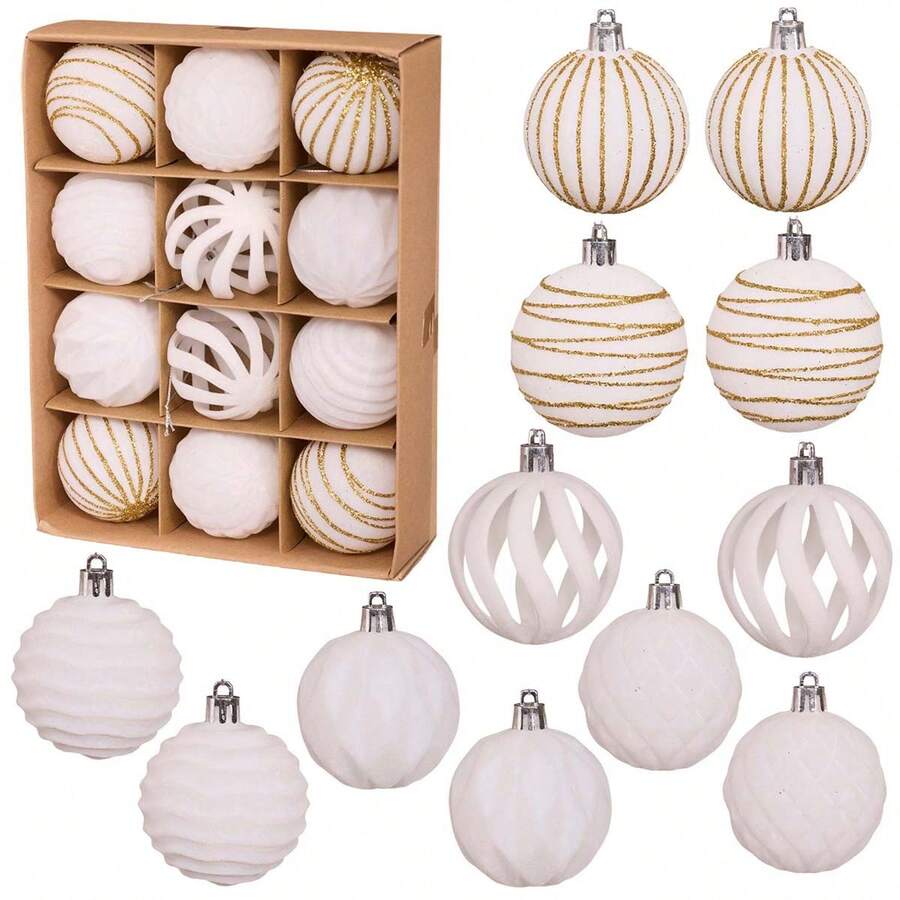 Christmas Velvet Ball Ornaments Set, 12 Pcs Shiny/Cutout Christmas Tree Ball Hanging Decorations - 白色 - 查看 1