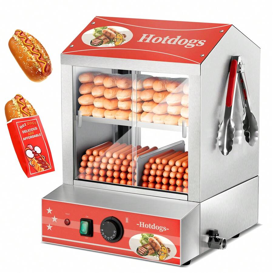Hot Dog Steamer 28.5QT, 2-Tier Hot Dog Machine With Bun Warmer, 175 Hot Dogs & 40 Buns Capacity, Electric Hot Dog Bun Warmer With Visible Glass Sliding Door & Clip, 86℉-185℉ Temperature Control - US A Type Plug(110-127V) - View 1