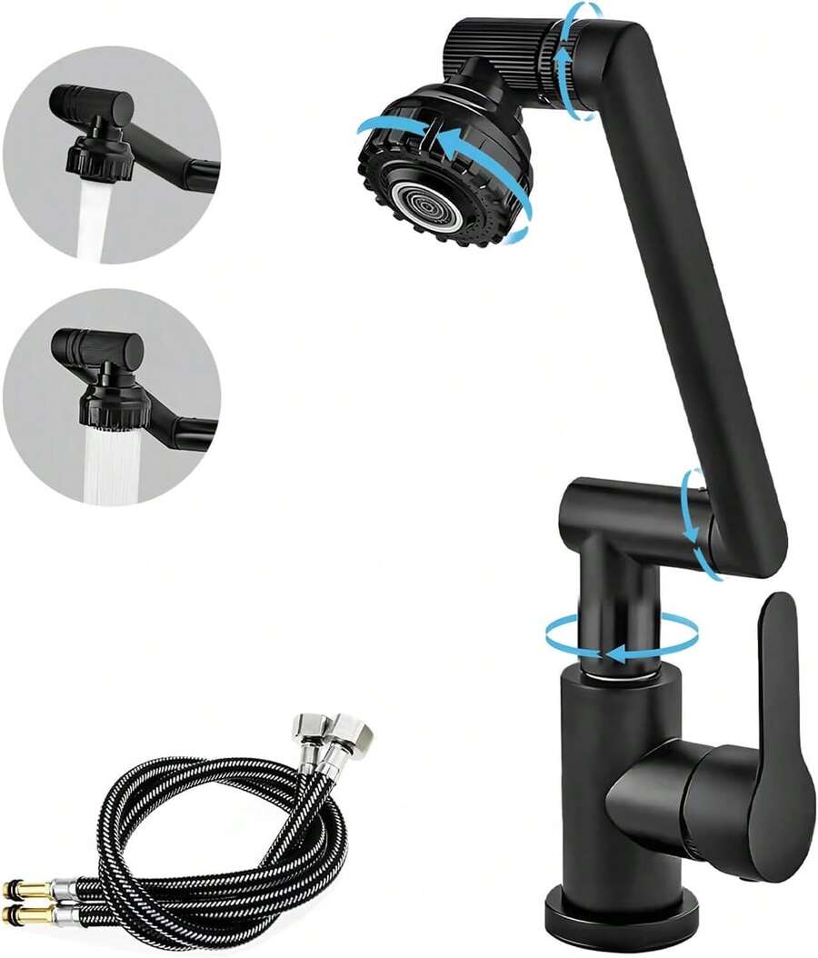 Grifo de cocina giratorio de 1080°, grifo para fregadero de cocina de acero inoxidable negro mate, grifo de lavabo para el baño, grifo de lavabo de una sola manija, mezcla de agua fría y caliente, modos de agua duales, con dos mangueras, adecuado para cocinas, baños, hoteles y B&B. Artículos de cocina y hogar,accesorios para baño,decoración baño,cocina accesorios - Negro mate - Ver 1