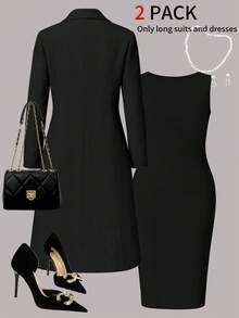 Plus Size Women Elegant 2-Piece Set, Solid Color Minimalist Versatile Long Blazer Cardigan + Bodycon Mid-Length Dress, Suitable For Daily Commute, Autumn/Winter