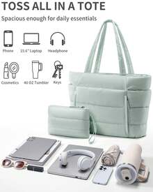 Puffer Tote Bag For Women, Lightweight Puffy Work Handbag Teacher Nurse Quilted Shoulder Bag For School Travel Gym - Màu xanh Bạc hà - Xem 6