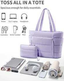 Puffer Tote Bag For Women, Lightweight Puffy Work Handbag Teacher Nurse Quilted Shoulder Bag For School Travel Gym - Màu tím - Xem 6