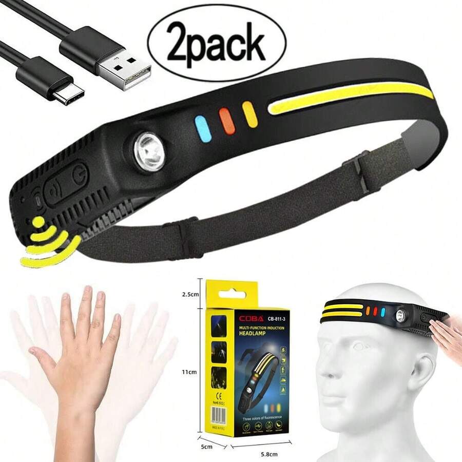 2x COB LED Headlamp Work Light Bar Headband Lamp USB Rechargeable Headlight - Black - View 1