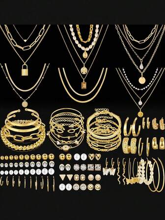 88 件时尚简约心形项链套装（带卡纸） - 多层项链、手链、人造珍珠耳环、耳环套装、女士首饰套装、情侣装、约会装、节日装、送给妈妈和朋友的礼物