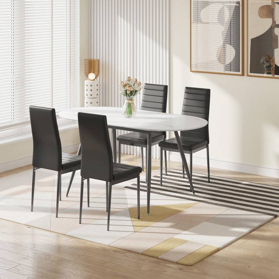 Dining Table And Chairs Set 4, Extendable Table With 4 Faux Leather Chairs For Dining Room, Kitchen, 4 Seater Room Set