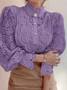 Blusas con cuello de pie de encaje, botones y diseño hueco con flores para mujeres