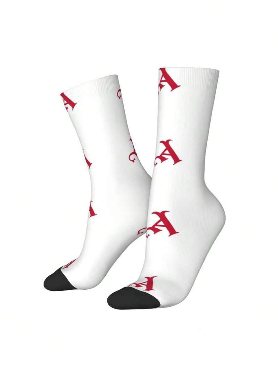 1pair Simple Letter Printing Socks Men's 360 Degree 3D Printing Socks Digital Printing Socks Medium Socks