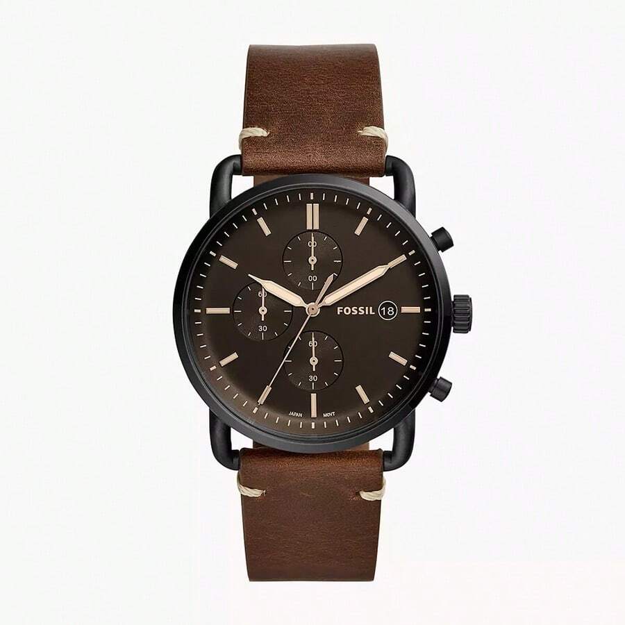 Fossil שעון כרונוגרף עם חוגה שחורה, רצועת עור חומה לגברים FS5403 | SHEIN IL