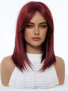 舒适自然弯曲 14 英寸玫瑰红色假发，带刘海，分层时尚假发，适合女士，合成纤维假发，非常适合度假、旅行、家庭聚会，每天佩戴假发 - 玫瑰紅 - 查看 7