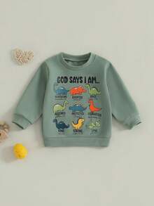 Sudadera de otoño para niño pequeño con estampado de dinosaurio y letras, manga larga, cuello redondo, blusa holgada - Verde - Ver 2