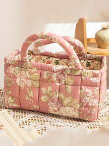 Floral Pattern Storage Basket Women Quilted Floral Laundry Baskets Small Storage Bin Laundry Organizers Easy Carry Handles Hampers Travel Tote Bag - Multicolor - View 10