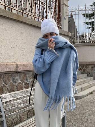 1pc Women Autumn/Winter New Plush Tassel Scarf, Warm And Comfortable Large Shawl, Windproof And Warm For Outdoor, Simple And Versatile For Daily Wear For Dress