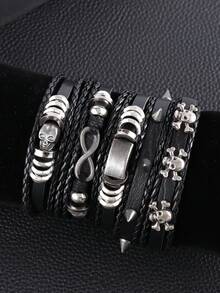 5 件哥特风格时尚个性化骷髅和星星金属装饰多层包裹 PU 皮革手链，适合男士日常佩戴，可作为送给家人或男朋友的礼物 - 黑色 - 查看 4