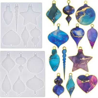 2 件不对称形状硅胶圣诞树树脂模具，DIY 环氧树脂吊坠钥匙扣铸造模具，适用于珠宝制作、艺术和工艺品、节日家居圣诞装饰礼物