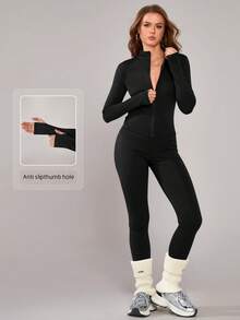 NcmRyu 1 Set Damen Einfarbiges Figurbetontes Dehnbares Sportbekleidung Langarm Oberteil und Hose Aktivbekleidung Set