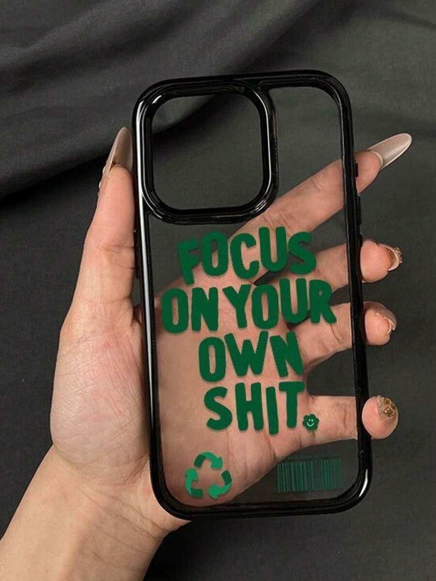 1 pieza Funda de teléfono creativa con letra inglesa verde, adecuada para Apple 16 Pro Max, Nueva 15, Marco negro de alta calidad 12 Divertida transparente 13 Personalizada 14 Moda minimalista 15 Pro Max Modelo de pareja 11 Funda de teléfono a prueba de golpes