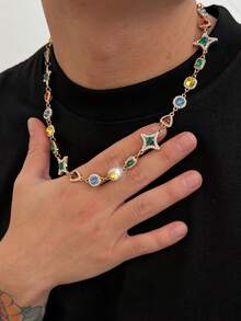 1 pieza Collar de cristal geométrico multicolor vintage y lujoso, collar de cadena geométrica personalizado para hombres, accesorio de atuendo diario y de fiesta, collar para parejas, regalo para vacaciones - Collar geométrico de diamantes de imitación - Ver 2