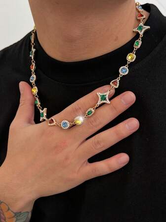 1 件复古迷人多色水钻星形项链，男士个性化颈链，日常派对服装配饰，情侣项链，节日礼物