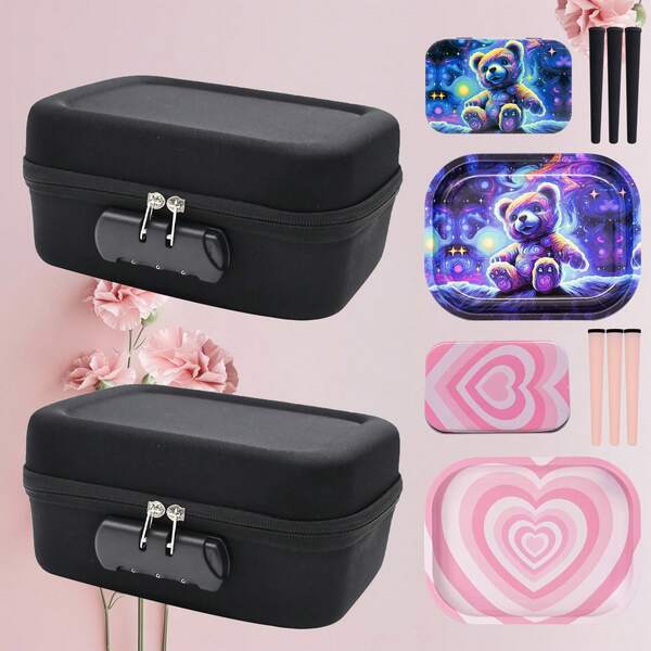 Sac de rangement à grande capacité avec surface d'adsorption magnétique - portable, avec serrure à code à 3 chiffres, comprend 3 tubes de rangement, plateau rotatif, boîte de rangement, design de surface magnétique, options de thème cœur ou ours, accessoires pour fumeurs et plateforme d'opération portable - ensemble cadeau parfait pour l'extérieur, Halloween, Noël