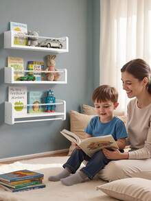 1/3pcs Nursery Floating Shelves, Minimally Designed Wall Mounted Storage Rack, Wall Mounted Student Bookshelf, Children's Bookshelf, Picture Book Rack, Kindergarten Bookshelf - White - View 3