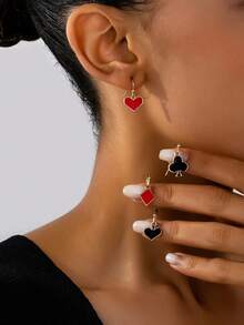 4 Pairs , Fun European & American Style Metal Playing Card, Red Heart, Black Heart Pendant Earrings Set For Women, Suitable For Festivals, Parties, Daily Wear - Multicolor - View 7