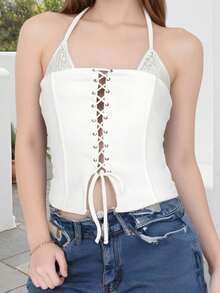 Chaleco de verano para mujer, sin mangas, con cuello halter, espalda abierta, cruzado y vendaje - Blanco - Ver 3
