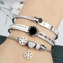 3 件套钻石镶嵌三叶草花朵螺丝设计吊坠和不锈钢手链珠宝礼物