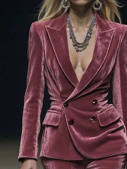 Blazer femme de couleur unie, veste de costume à col châle, manches longues, coupe slim, col large double boutonnage en velours. Style élégant et rétro, parfait pour le bureau, les sorties, les fêtes. Convient pour le printemps, l'automne et l'hiver.