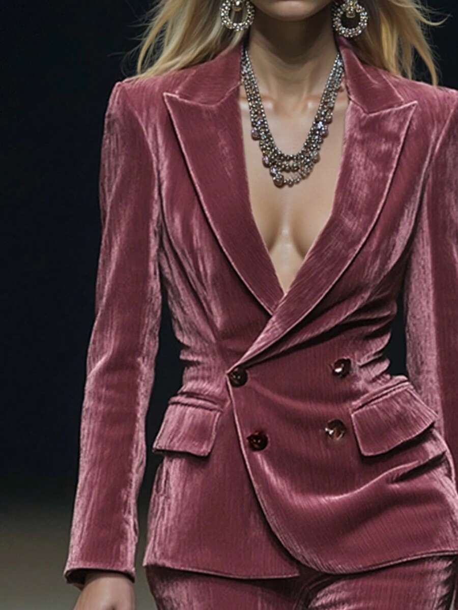 DONICY Damen Einfarbige Blazer Jacke, Revers Kragen Langarm Anzug Top, Samt Doppelreihiger Slim Fit Weiter Kragen Langarm, Modischer Retro Eleganter Damenstil Formeller Blazer, Geeignet für Frühling, Herbst, Winter, Geschäft, Date, Party, Gala, Feierlichkeiten