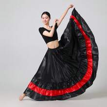 1PC Czarno-czerwona kolorowa spódnica w kształcie koła z pełnym okręgiem, długa spódnica do tańca brzucha, zwiewna, długa spódnica w stylu boho, satynowa, lekka, letnia sukienka na plażę, elegancka spódnica typu swing w kształcie litery A