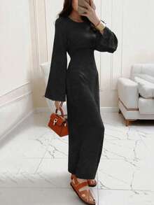 Spring Autumn Elegant Round Neck Long Long Sleeve Dresses Tie Belt Dresses Back To School Season