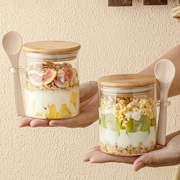1Pc Reusable Airtight Storage Jars With Bamboo Lid - Leakproof Food Canisters, Clear Pantry Containers For Kitchen, Kitchen Organization, Coffee, Spices, Cereal, Granola - Elegant Dining Table Decor Minimalist Design, Meal Preppersl