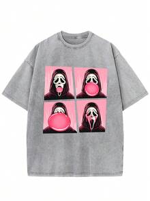2025 New Halloween Ghost Face Short Sleeve T-Shirt, Funny Ghost Face T-Shirt, Halloween Retro Washed Cotton T-Shirt, Suitable For Men And Women's Clothing, Holiday Gifts - 灰色 - 查看 1