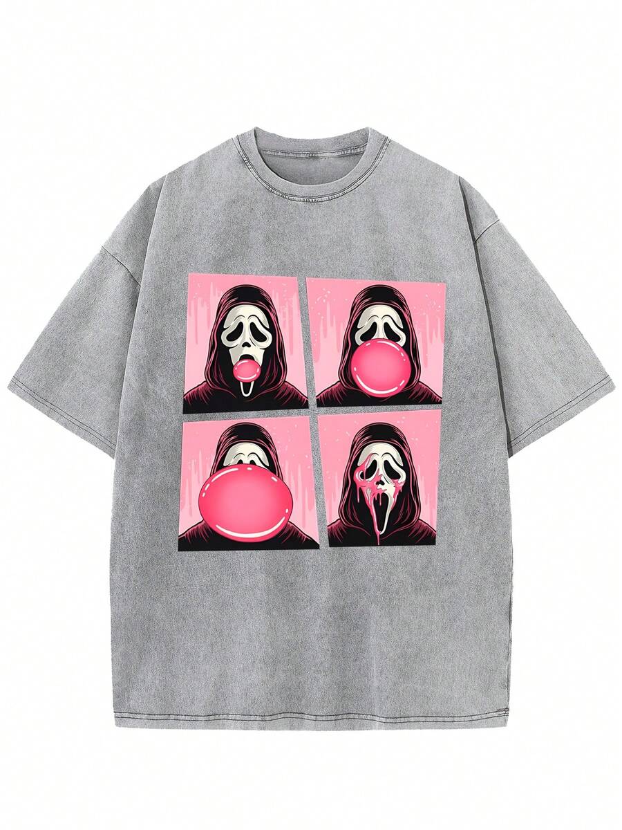 2025 New Halloween Ghost Face Short Sleeve T-Shirt, Funny Ghost Face T-Shirt, Halloween Retro Washed Cotton T-Shirt, Suitable For Men And Women's Clothing, Holiday Gifts - 灰色 - 查看 1