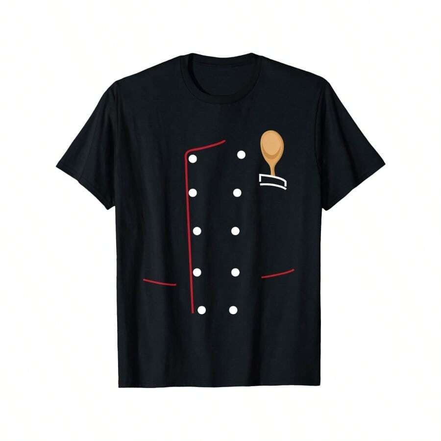 Men's Chef Jacket Print Cotton T-Shirt – Black Casual Crew Neck With Red Stripes & Chef Hat Design, High Stretch Knit Fabric, Regular Fit, All-Season Wear For Adults, Chef Uniform Shirt | Playful Chef Design | Comfortable Fit - màu đen - Xem 1