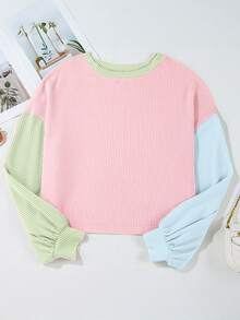 Acelitt Camiseta casual holgada de cuello redondo con textura y contraste de colores para mujer talla grande, adecuada para primavera y otoño - Multicolor - Ver 4